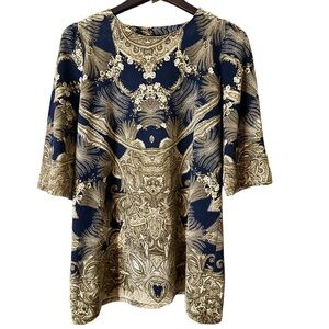 Silla Designs Navy Blue & Cream Graphic 1/2 Sleeve Boho Pattern Tunic Sz Large